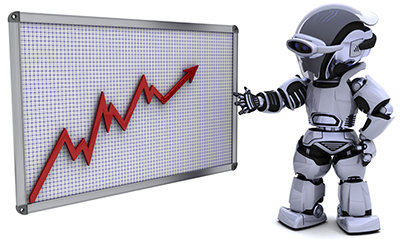 Robot man with a graphic chart with red incline trend