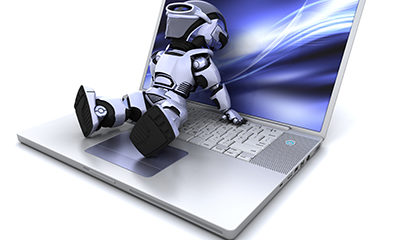 Building management robot man sitting on laptop shoing building services technology
