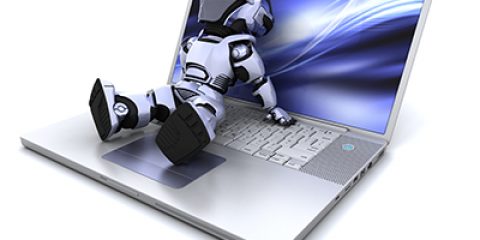 Building management robot man sitting on laptop shoing building services technology