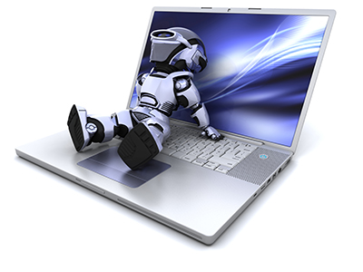 Building management robot man sitting on laptop showing building services technology