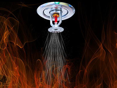 fire protection system sprinkler head with water and flames
