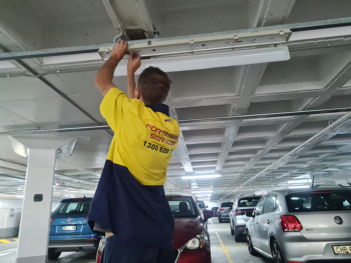 Our Electrcian working on car park lighting in Sydney