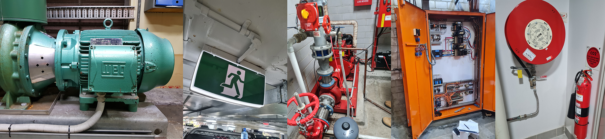 forte Banner with extinguishers, diesel hydrant pump, fire hose reel, chiller pump, HVAC, services, exit light and more