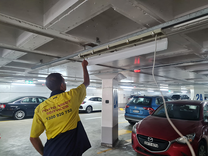 Our Electrcian working on car park lighting in Sydney